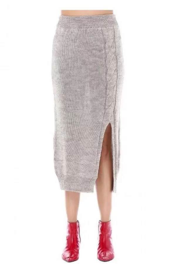 Bisiklet Yaka Saç Örgülü Uzun Yırtmaçlı Etekli Taş Kadın Triko Takım