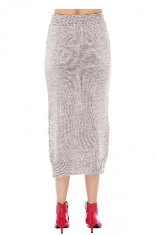 Bisiklet Yaka Saç Örgülü Uzun Yırtmaçlı Etekli Taş Kadın Triko Takım