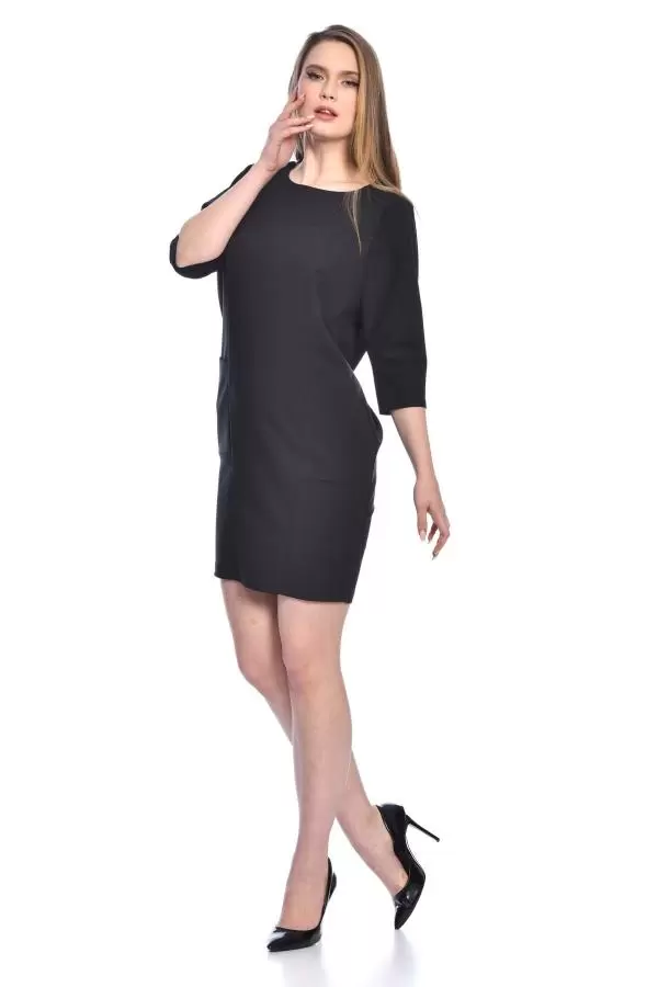 Bisiklet Yaka Sırt Taşlı Cepli Siyah Abiye Kadın Elbise