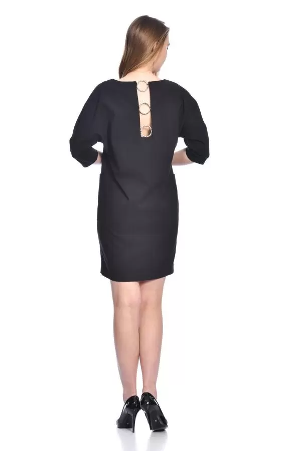 Bisiklet Yaka Sırt Taşlı Cepli Siyah Abiye Kadın Elbise
