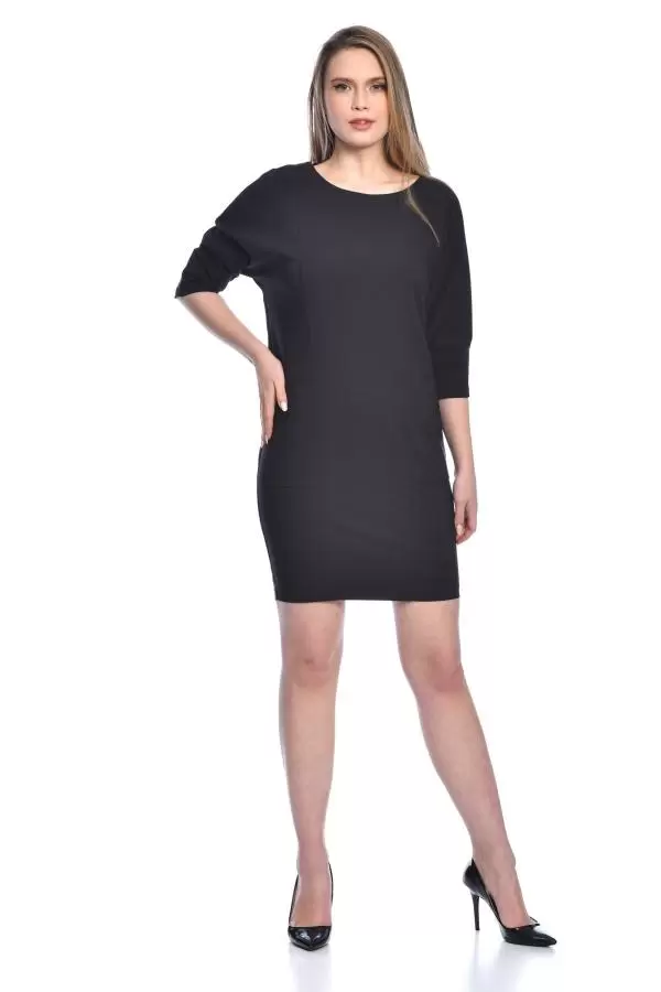 Bisiklet Yaka Sırt Taşlı Cepli Siyah Abiye Kadın Elbise