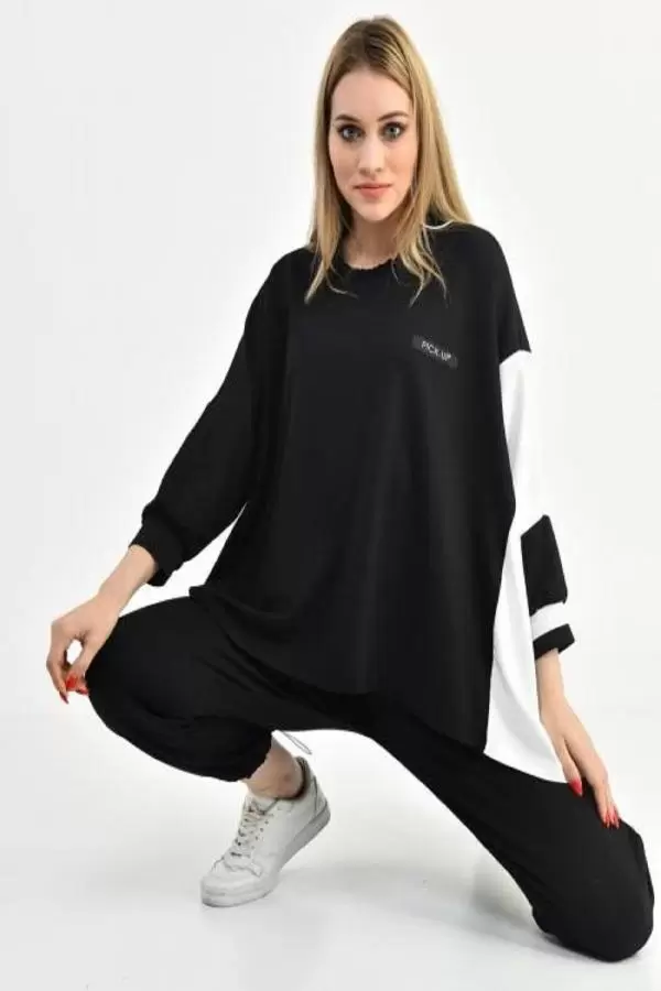 Bisiklet Yaka Siyah Beyaz Yarasa Kol Kadın Eşofman Takım