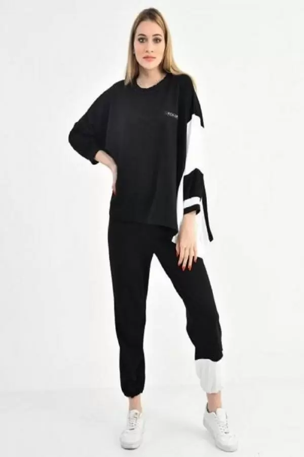 Bisiklet Yaka Siyah Beyaz Yarasa Kol Kadın Eşofman Takım