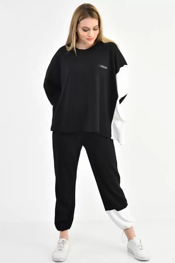 Bisiklet Yaka Siyah Beyaz Yarasa Kol Kadın Eşofman Takım