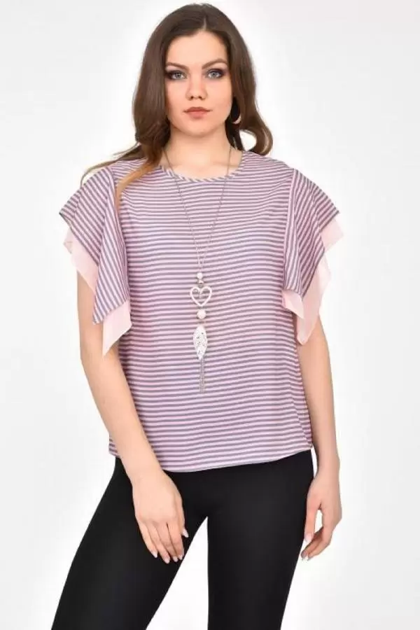 Bisiklet Yaka Takı ve Çizgili Kısa Kollu Pudra Kadın Bluz