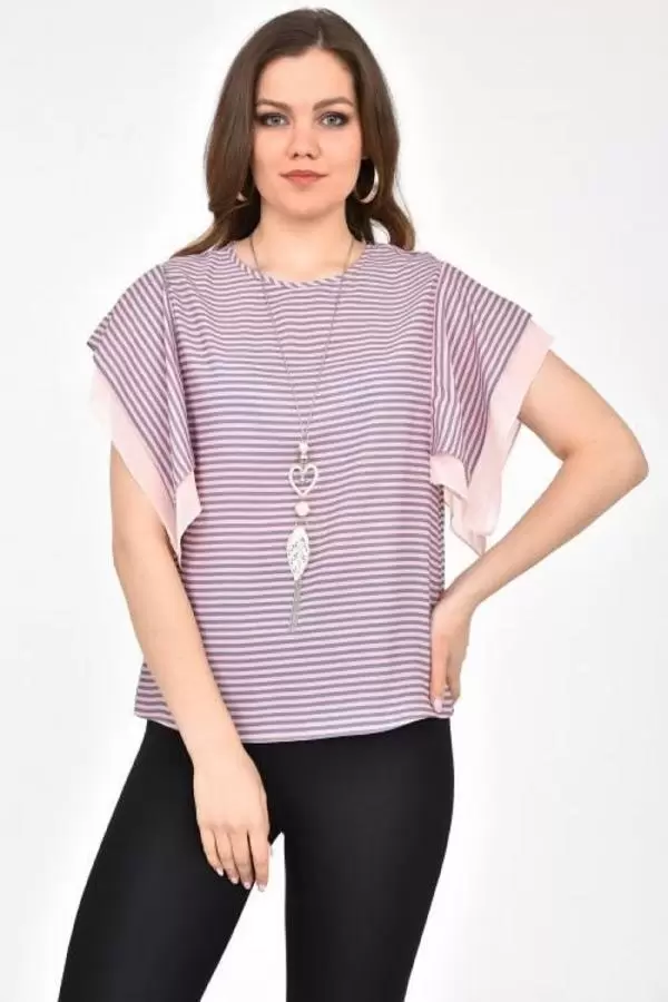 Bisiklet Yaka Takı ve Çizgili Kısa Kollu Pudra Kadın Bluz