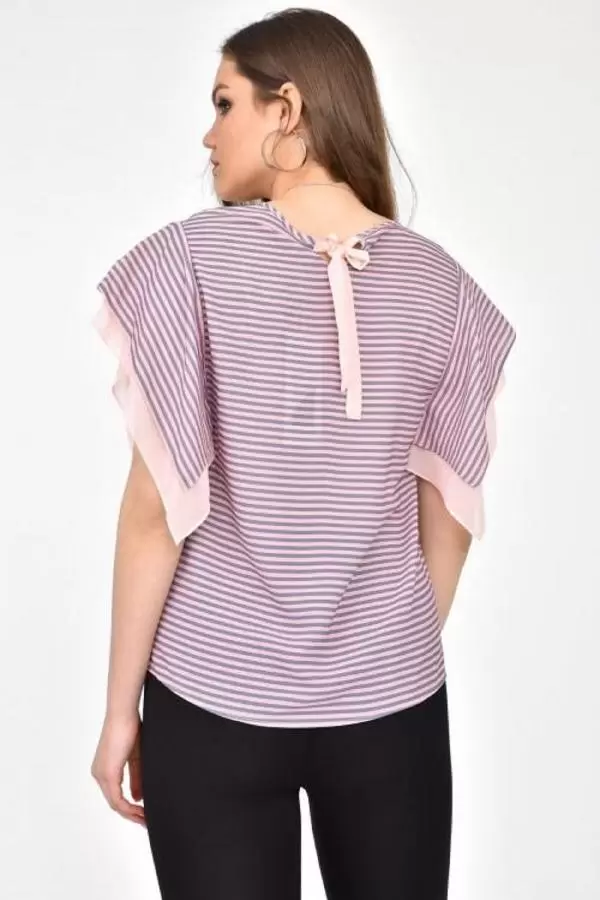 Bisiklet Yaka Takı ve Çizgili Kısa Kollu Pudra Kadın Bluz