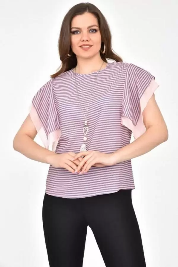 Bisiklet Yaka Takı ve Çizgili Kısa Kollu Pudra Kadın Bluz