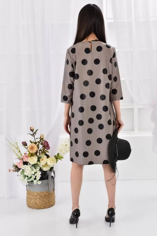 Bisiklet Yaka Takılı Siyah Puantiyeli Vizon Kadın Elbise