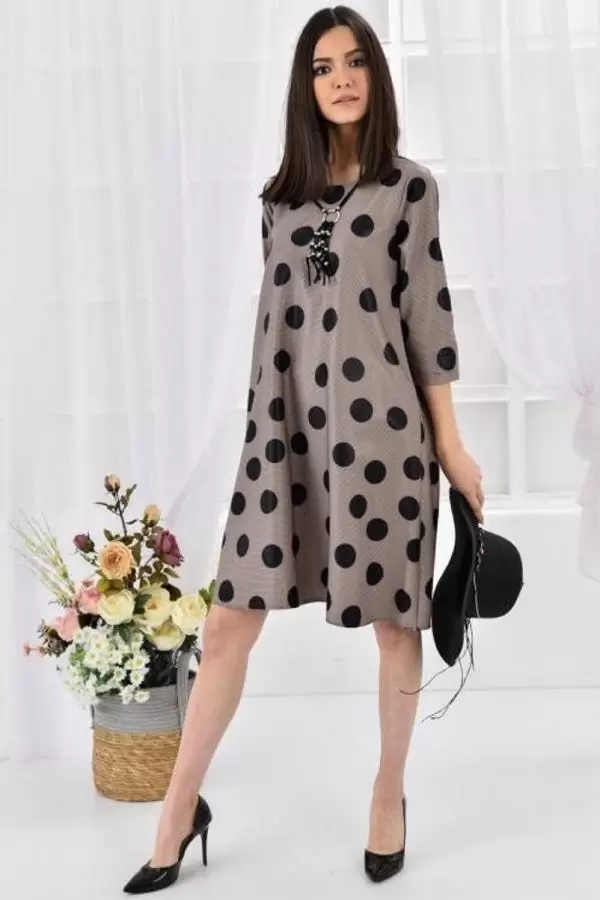 Bisiklet Yaka Takılı Siyah Puantiyeli Vizon Kadın Elbise