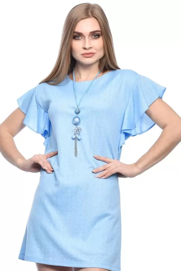 Bisiklet Yaka Takılı Volen Kol Bebe Mavi Kadın Elbise