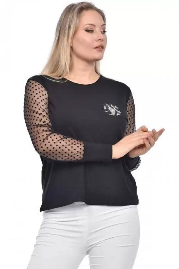 Bisiklet Yaka Taş ve Tüllü Uzun Kollu Siyah Kadın Bluz
