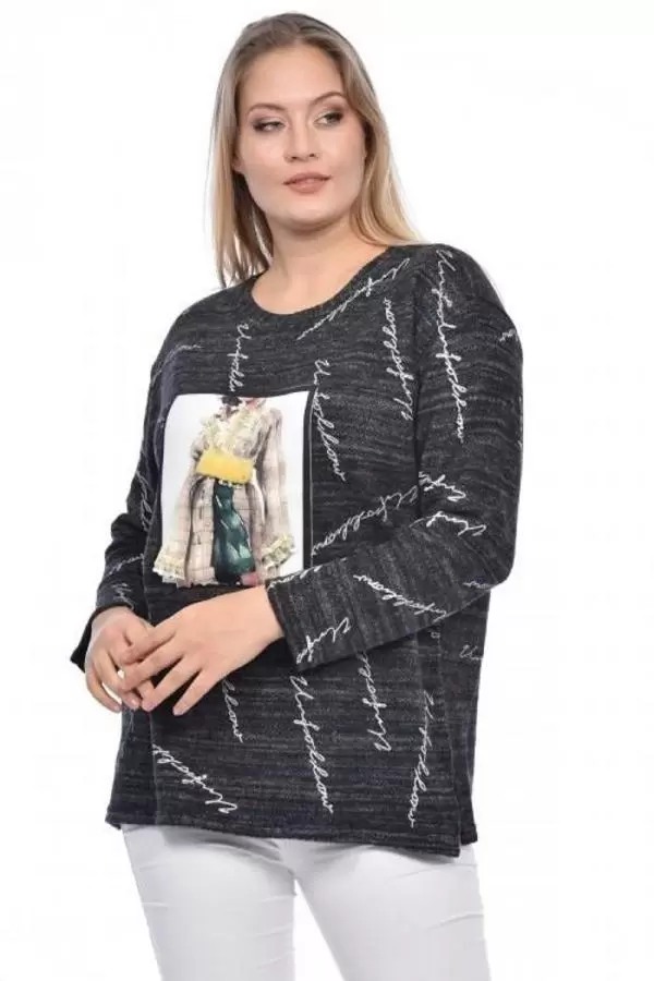 Bisiklet Yaka Taşlı Kadın Aplike Baskılı Füme Triko Kadın Bluz