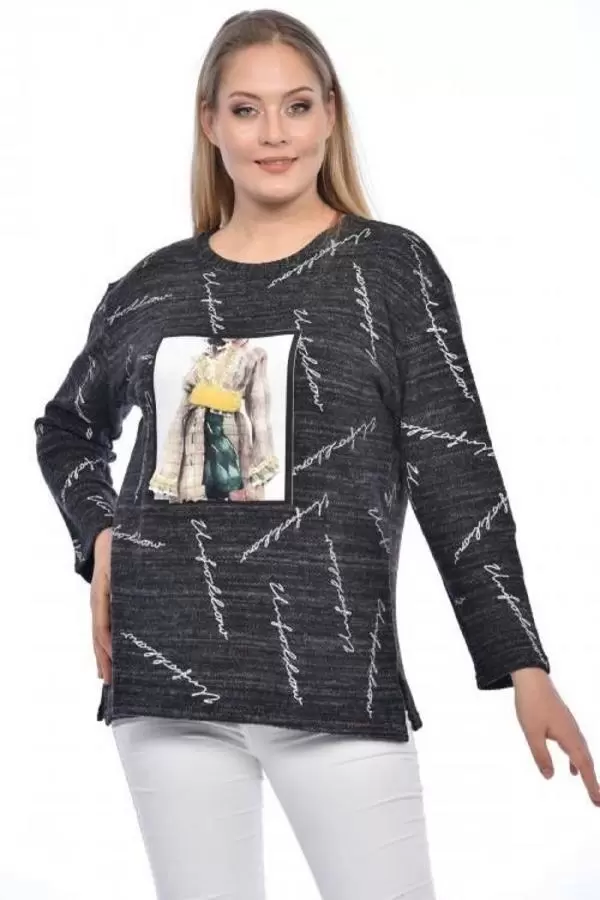Bisiklet Yaka Taşlı Kadın Aplike Baskılı Füme Triko Kadın Bluz