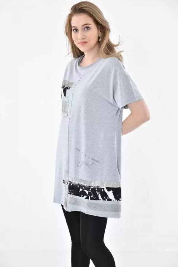 Bisiklet Yaka Taşlı ve Baskılı Gri Kadın Bluz