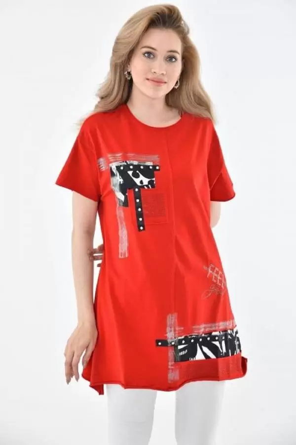 Bisiklet Yaka Taşlı ve Baskılı Kırmızı Kadın Bluz