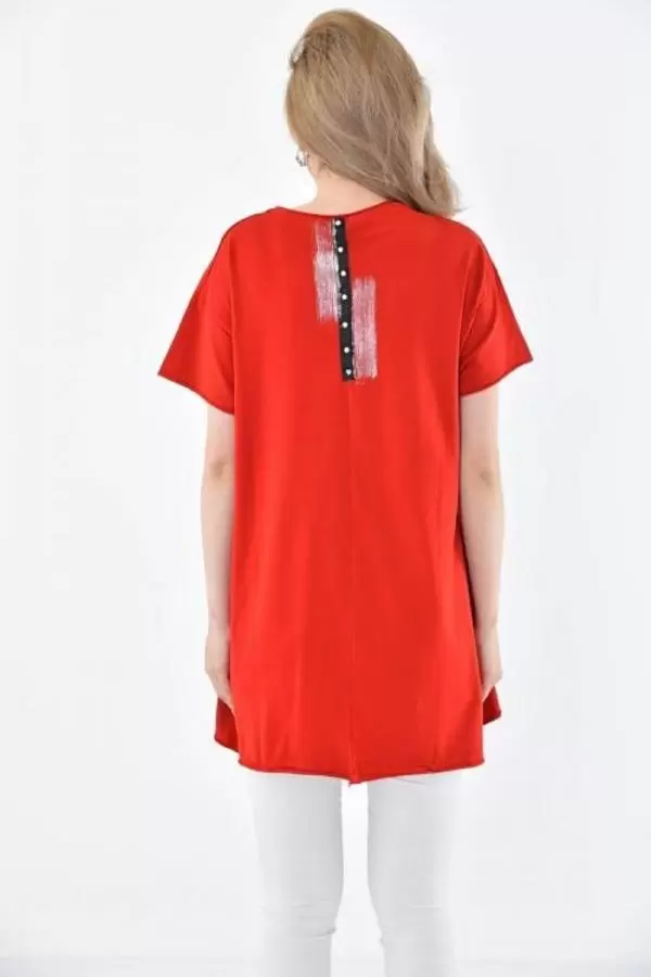 Bisiklet Yaka Taşlı ve Baskılı Kırmızı Kadın Bluz