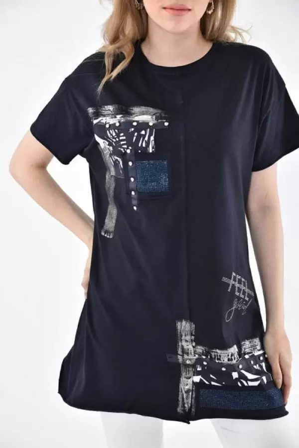 Bisiklet Yaka Taşlı ve Baskılı Lacivert Kadın Bluz