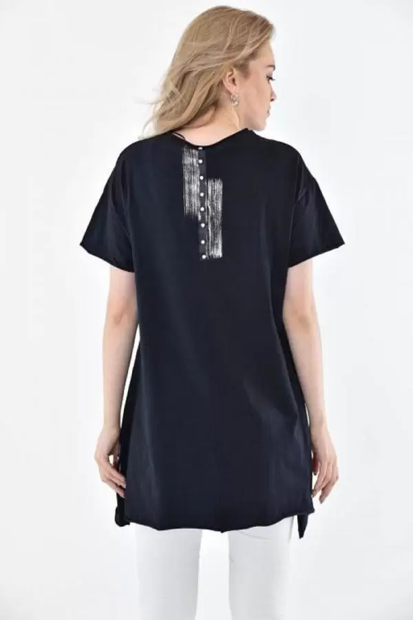 Bisiklet Yaka Taşlı ve Baskılı Lacivert Kadın Bluz