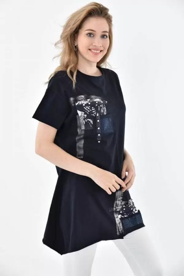 Bisiklet Yaka Taşlı ve Baskılı Lacivert Kadın Bluz