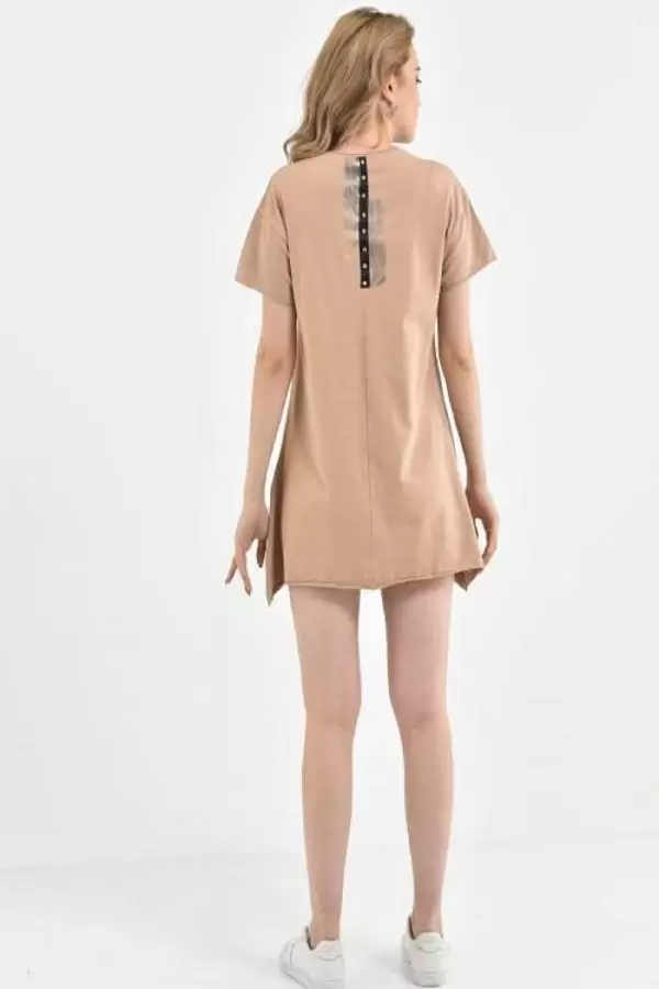 Bisiklet Yaka Taşlı ve Baskılı Vizon Kadın Bluz