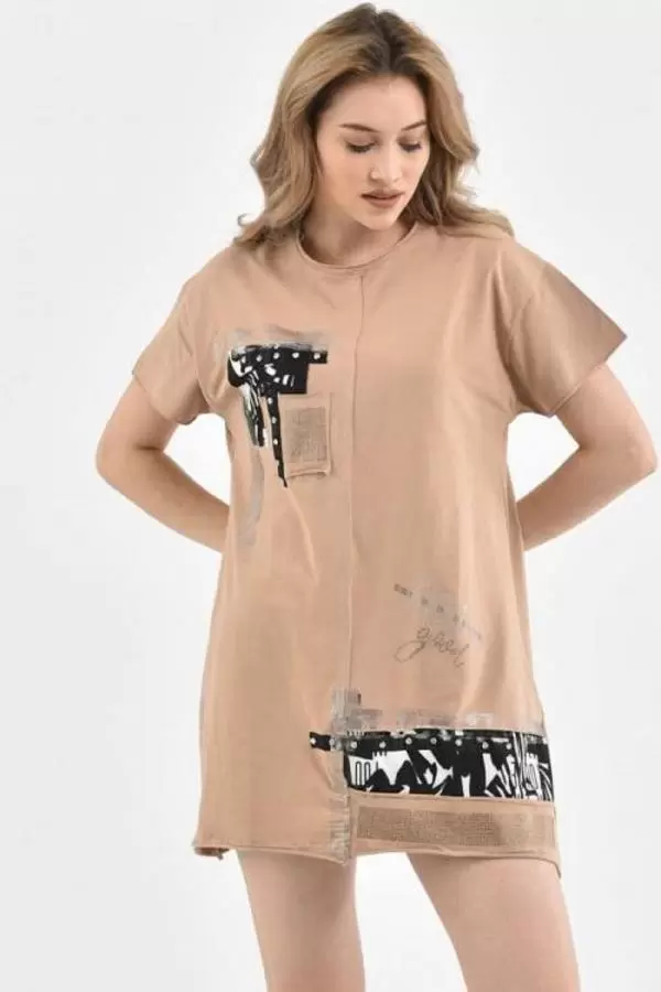 Bisiklet Yaka Taşlı ve Baskılı Vizon Kadın Bluz