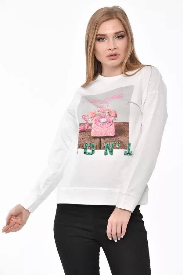 Bisiklet Yaka Telefon Baskılı Taş ve Pullu Beyaz Kadın Tişört