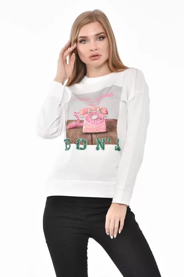 Bisiklet Yaka Telefon Baskılı Taş ve Pullu Beyaz Kadın Tişört