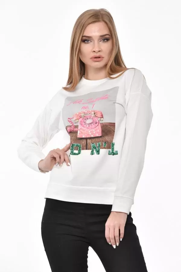 Bisiklet Yaka Telefon Baskılı Taş ve Pullu Beyaz Kadın Tişört