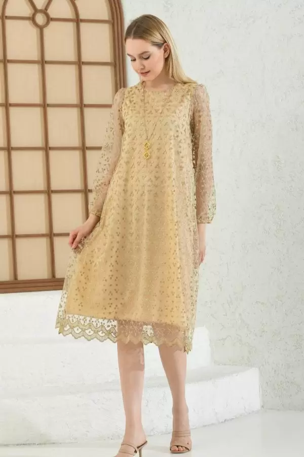Bisiklet Yaka Tül ve Dantelli Takı Detaylı Sarı Abiye Kadın Elbise
