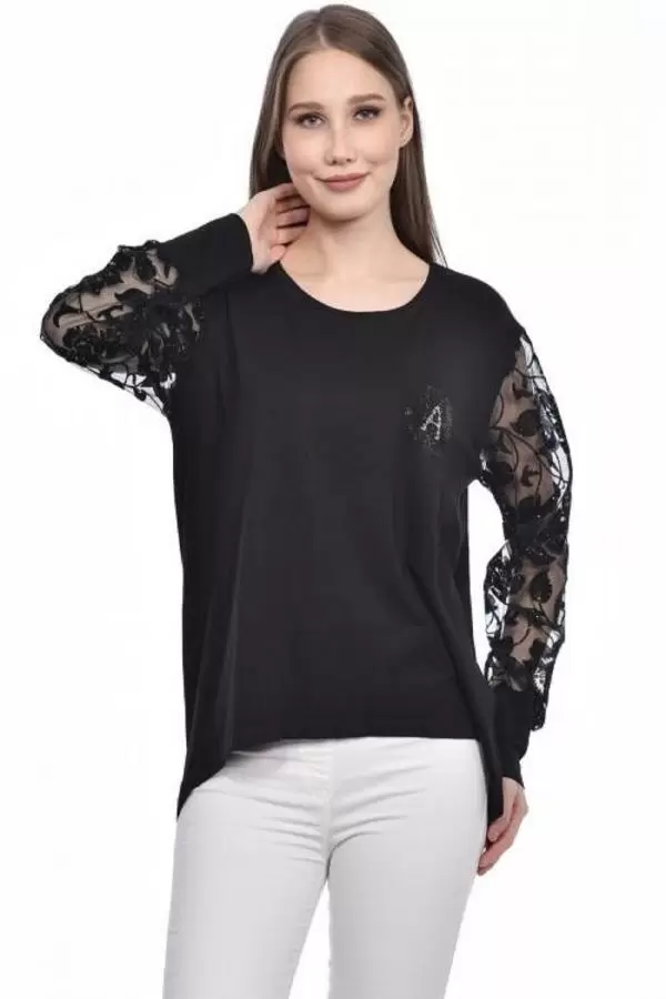 Bisiklet Yaka Tül ve Taş Desenli Siyah Kadın Bluz