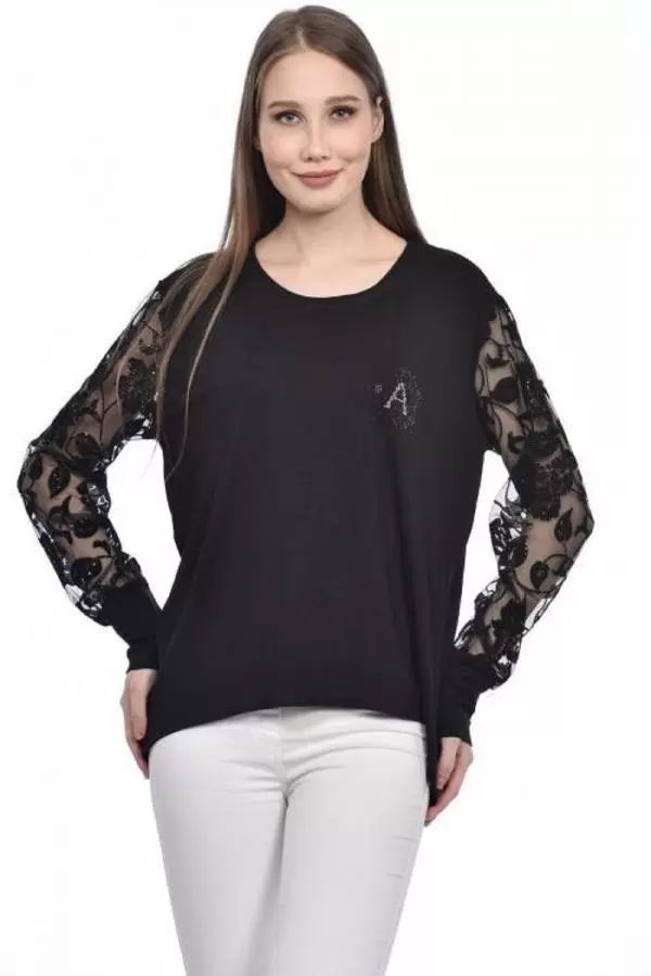 Bisiklet Yaka Tül ve Taş Desenli Siyah Kadın Bluz