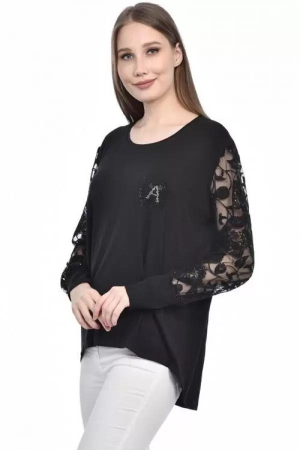 Bisiklet Yaka Tül ve Taş Desenli Siyah Kadın Bluz