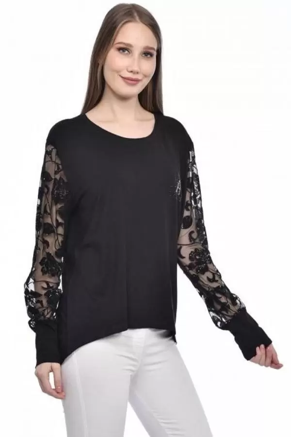 Bisiklet Yaka Tül ve Taş Desenli Siyah Kadın Bluz