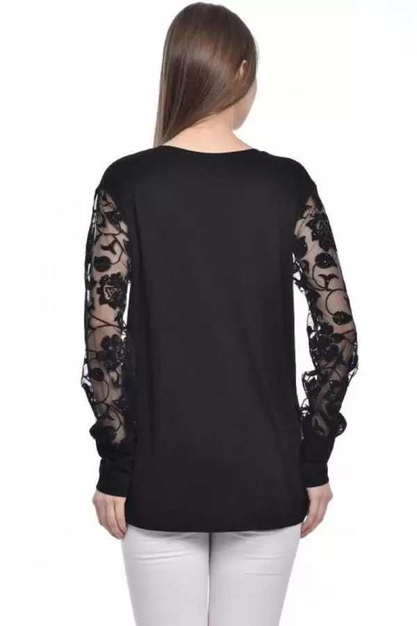 Bisiklet Yaka Tül ve Taş Desenli Siyah Kadın Bluz