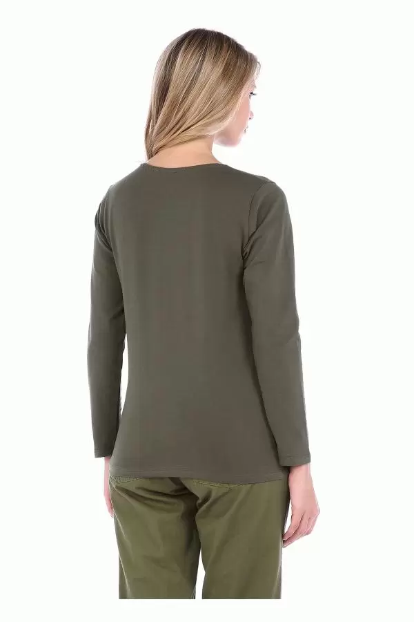 Bisiklet Yaka Uzun Kollu Friday Baskılı Haki Kadın Tişört