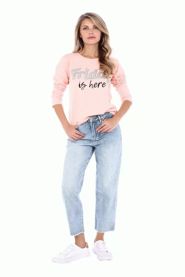 Bisiklet Yaka Uzun Kollu Friday Baskılı Pudra Kadın Tişört
