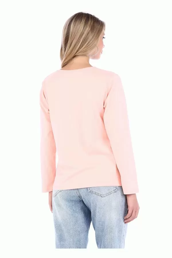 Bisiklet Yaka Uzun Kollu Friday Baskılı Pudra Kadın Tişört