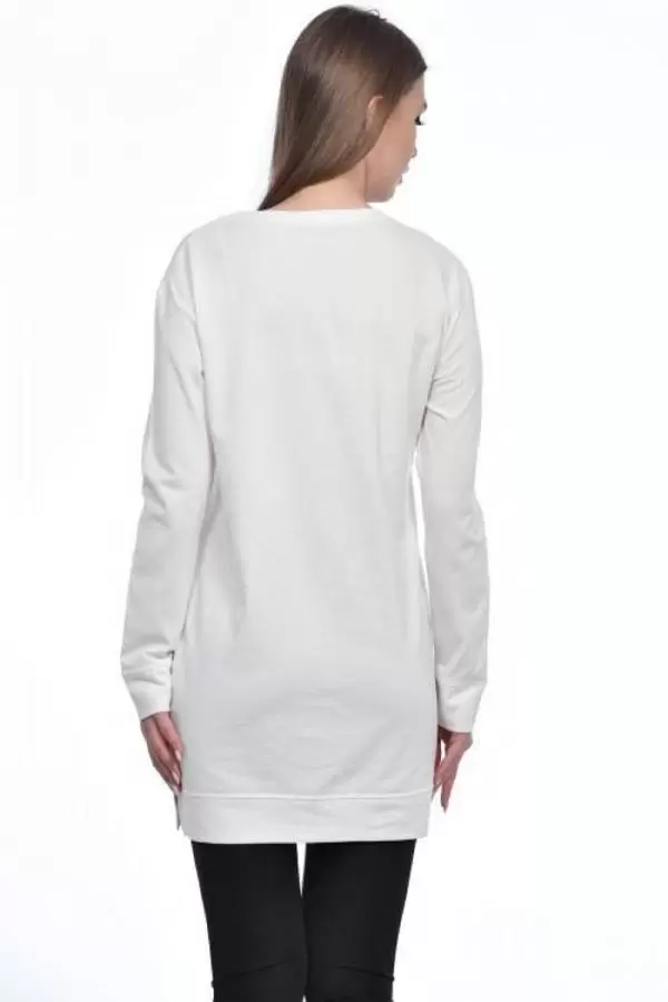 Bisiklet Yaka Uzun Kollu Kadın Baskılı Beyaz Kadın Tunik