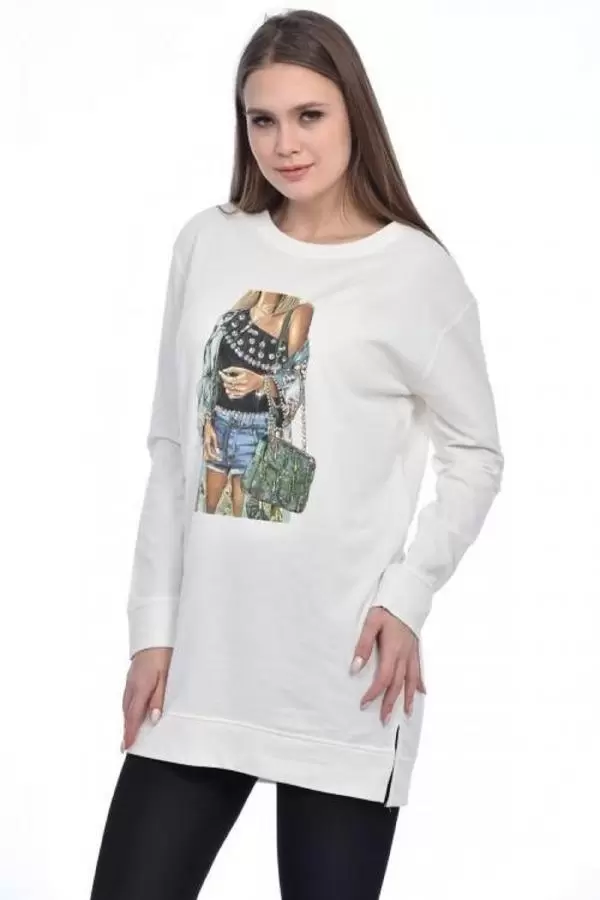 Bisiklet Yaka Uzun Kollu Kadın Baskılı Beyaz Kadın Tunik