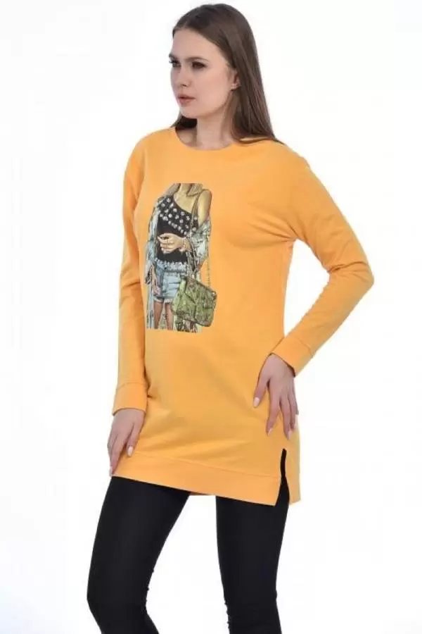 Bisiklet Yaka Uzun Kollu Kadın Baskılı Hardal Kadın Tunik