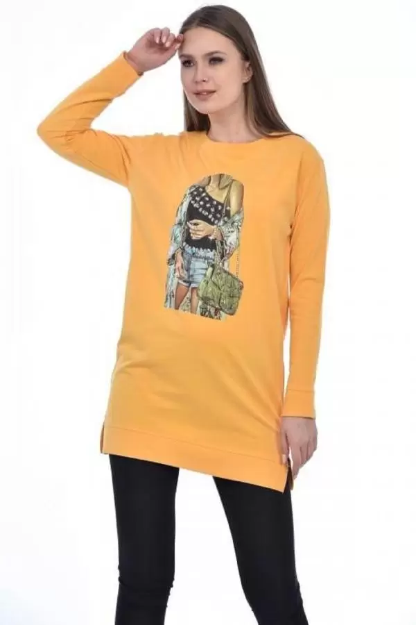 Bisiklet Yaka Uzun Kollu Kadın Baskılı Hardal Kadın Tunik