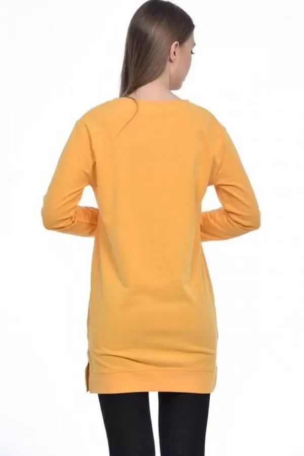 Bisiklet Yaka Uzun Kollu Kadın Baskılı Hardal Kadın Tunik