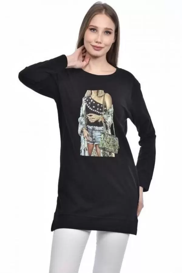 Bisiklet Yaka Uzun Kollu Kadın Baskılı Siyah Kadın Tunik