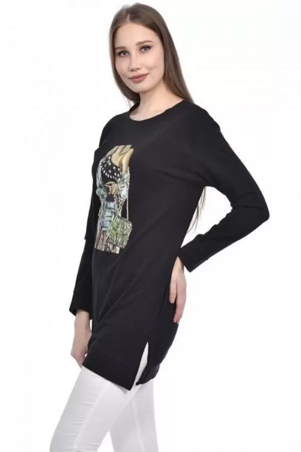 Bisiklet Yaka Uzun Kollu Kadın Baskılı Siyah Kadın Tunik