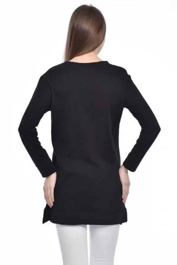 Bisiklet Yaka Uzun Kollu Kadın Baskılı Siyah Kadın Tunik