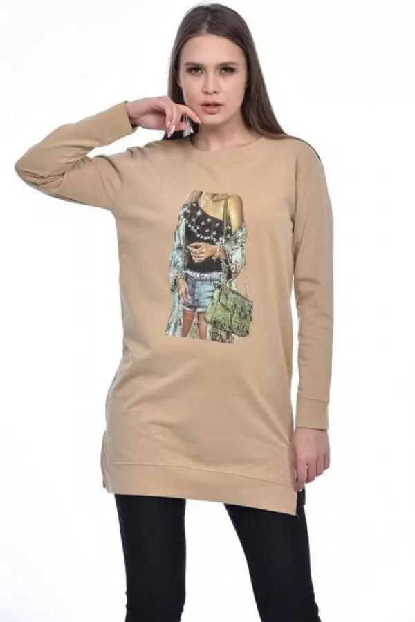 Bisiklet Yaka Uzun Kollu Kadın Baskılı Vizon Tunik