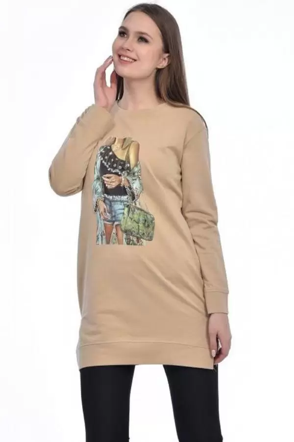 Bisiklet Yaka Uzun Kollu Kadın Baskılı Vizon Tunik