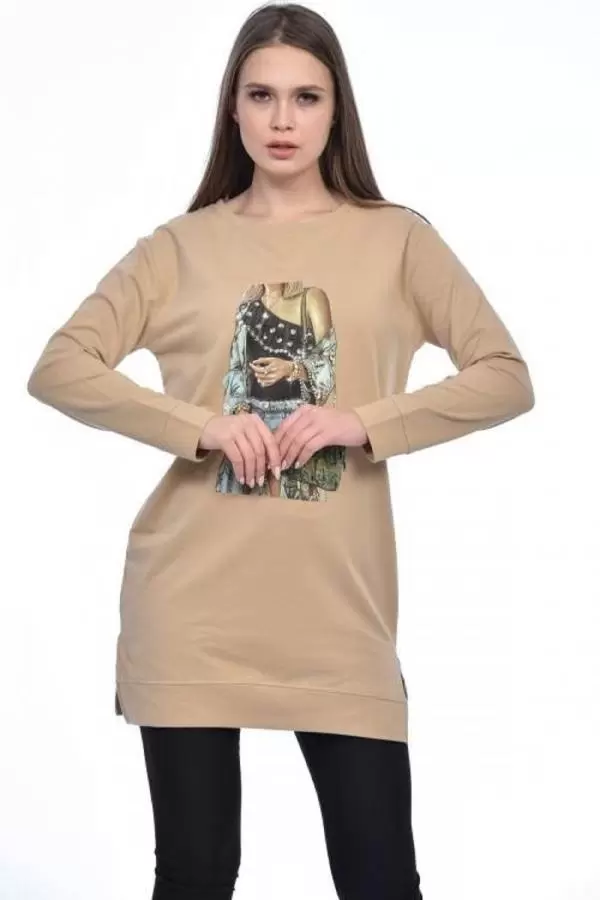 Bisiklet Yaka Uzun Kollu Kadın Baskılı Vizon Tunik