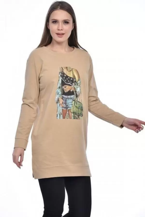 Bisiklet Yaka Uzun Kollu Kadın Baskılı Vizon Tunik